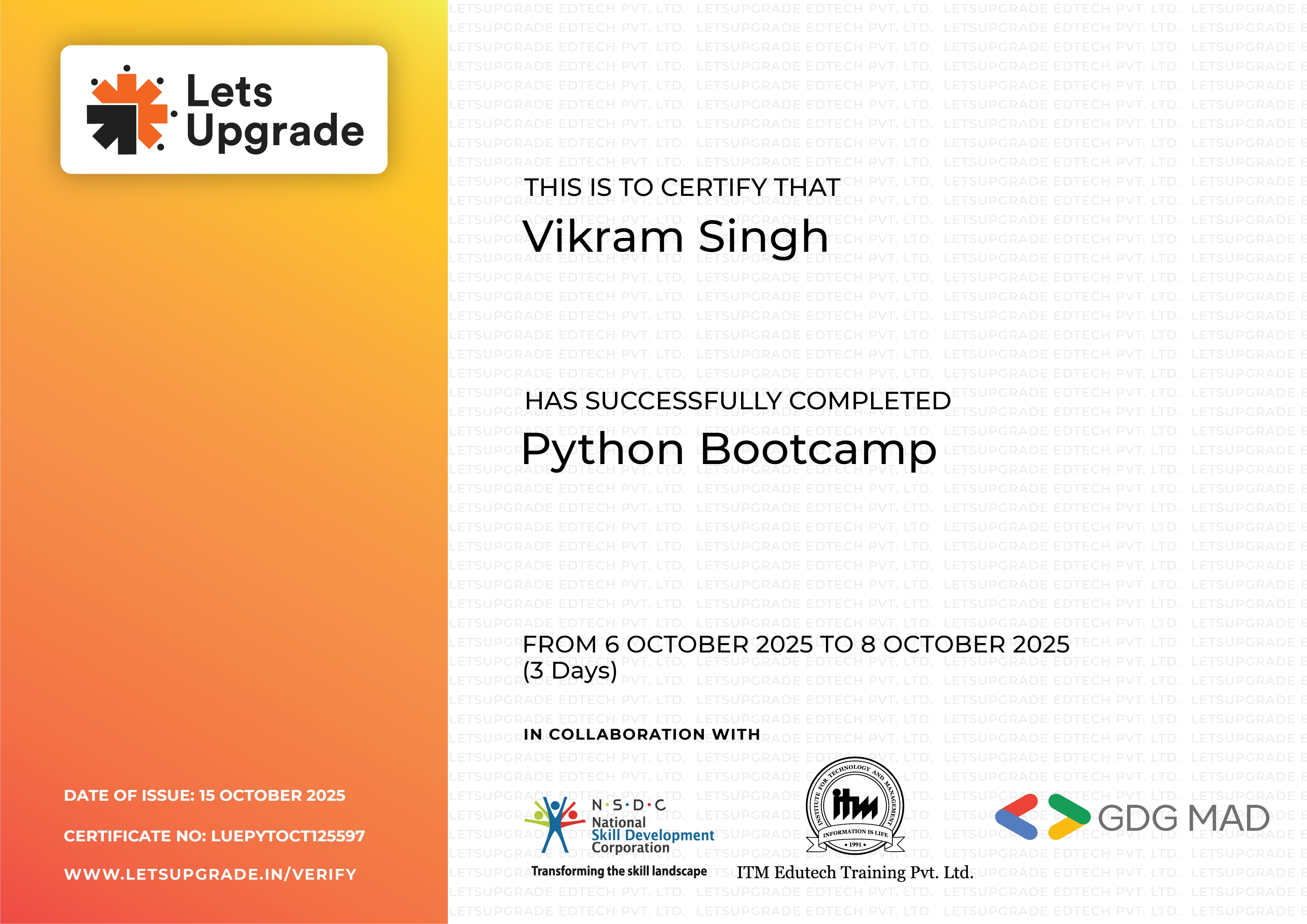 Python Boot Camp certificate